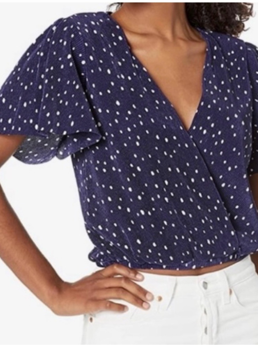 ASTR Navy and White Dot V-Neck Flutter Sleeve Crop Top